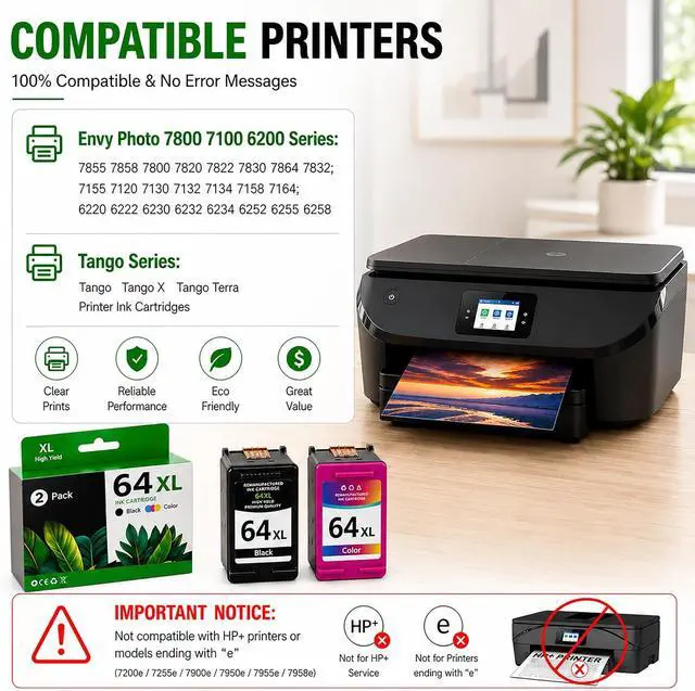 Alt view image 3 of 7 - 64XL Ink Cartridge Black and Color Combo Pack Replacement HP Ink 64 XL Use for Envy Photo 7855 7858 6252 6255 7800 7100 7120 7155 7158 Tango Series Printer (Black/Color, 2 Pack)