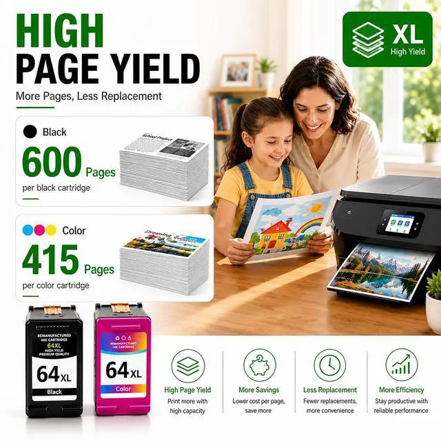 Alt view image 4 of 7 - 64XL Ink Cartridge Black and Color Combo Pack Replacement HP Ink 64 XL Use for Envy Photo 7855 7858 6252 6255 7800 7100 7120 7155 7158 Tango Series Printer (Black/Color, 2 Pack)