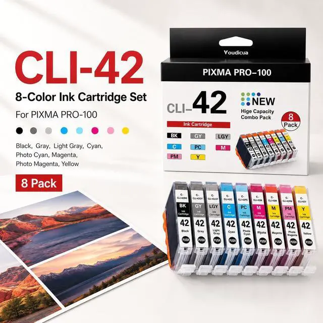 Alt view image 2 of 7 - CLI-42 Ink Cartridges High Capacity Compatible CLI 42 Ink Cartridges Replacement for Canon PIXMA PRO-100 Printer, 8-Pack(BK/C/M/Y/PM/PC/GY/LGY)