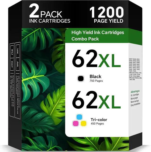 Main image of 62XL Ink Cartridge Combo Pack Compatible for HP Ink 62 HP62 HP62XL for HP 62 XL Ink Cartridges Black and Color Work with Envy 7640 7645 OfficeJet Mobile 200 250 Officejet 5740 5741 Printer (2 Pack)