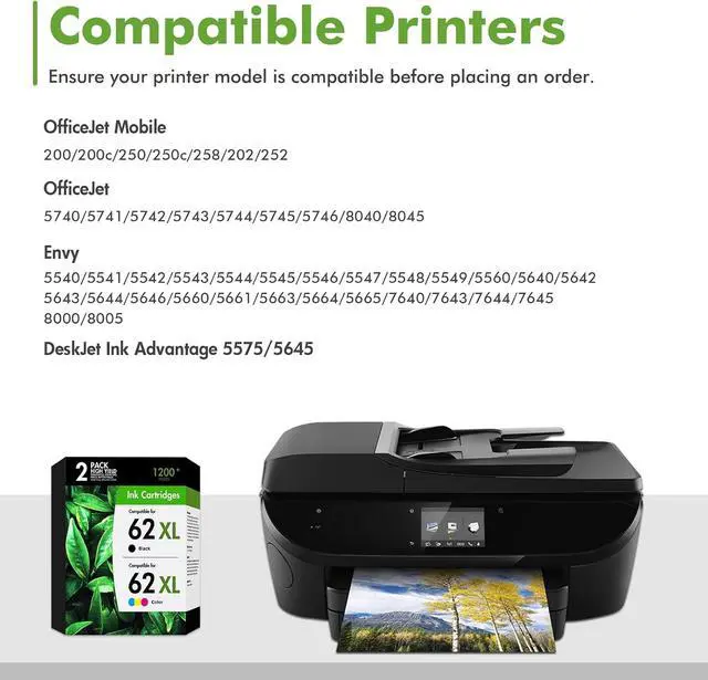 Alt view image 2 of 6 - 62 62XL Ink Cartridge Black and Color Combo Pack for Envy 7640 5660 Printer