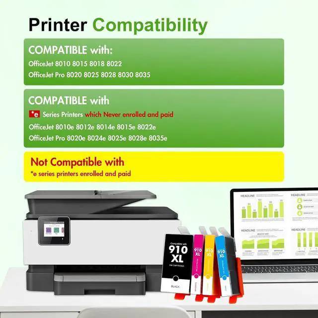 Alt view image 2 of 7 - 910 910XL 8020 Ink Cartridges Black and Color Combo Pack for HP Printers