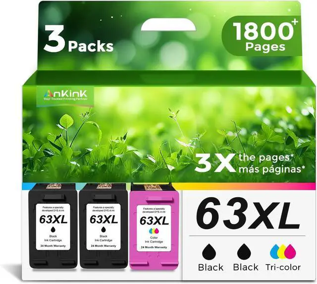 Main image of Ankink 63XL Ink Cartridges Replacement for HP 63 XL (2 Black 1 Color Combo 3-Pack) Fit for HP63 3830 4650 4652 4655 5200 5252 5255 5258 4520 4512 1112 2132 3630 3632 3631 2130 4510 4654 Printers