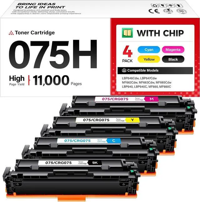Main image of 075H Toner Cartridge 4-Pack High Yield with Chip Black Cyan Yellow Magenta Replacement for Canon 075 Compatible Color imageCLASS MF662Cdw MF663Cdw MF665Cdw LBP646Cdw LBP647Cdw MF660C LBP640C Printer