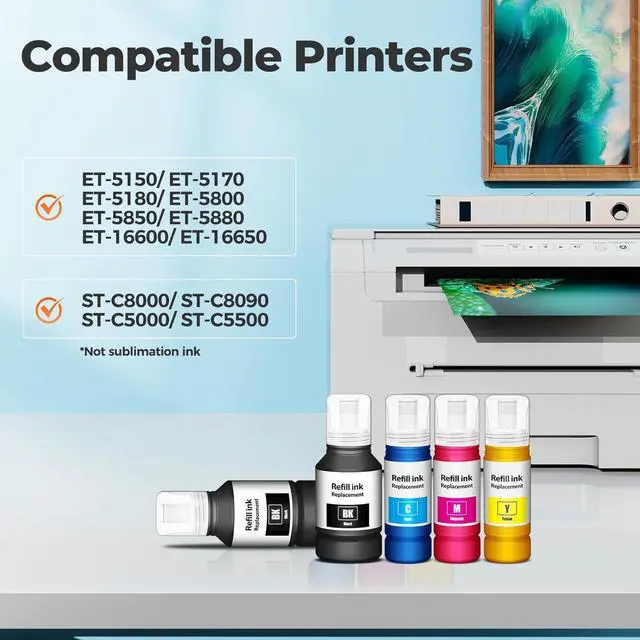 Alt view image 2 of 7 - Comptible for EPT542 Ink Refill Bottles ET-5150 ET-5170 ET-5180 ET-5850 ET-16600 Replacement for EPT542 Ink ET-5800 ET-16650 ET-5880 ET5850 ET5150 ET5170 ET5180 5850 5800 Printer, 5 Pack (2BK C M Y)