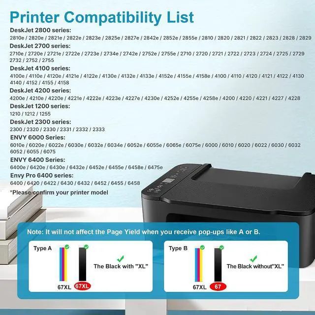Alt view image 2 of 7 - 67XL Ink Cartridges Black/Color Combo Pack Replacement for HP Ink 67 67XL Printer Ink Works for HP DeskJet 4227e 2827e 2755e 2855e 2800 4155e 2755 2852e Envy 6055e 6000 6455e (2 Pack)