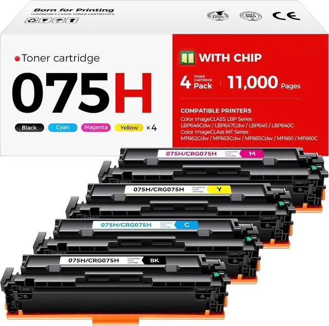 Main image of 075H Toner Cartridge 4-Pack High Yield with Chip Replacement for Canon 075 075H Compatible with Color imageCLASS MF662Cdw MF663Cdw MF665Cdw LBP646Cdw LBP647Cdw LBP640 MF660 Series Laser Printer Ink