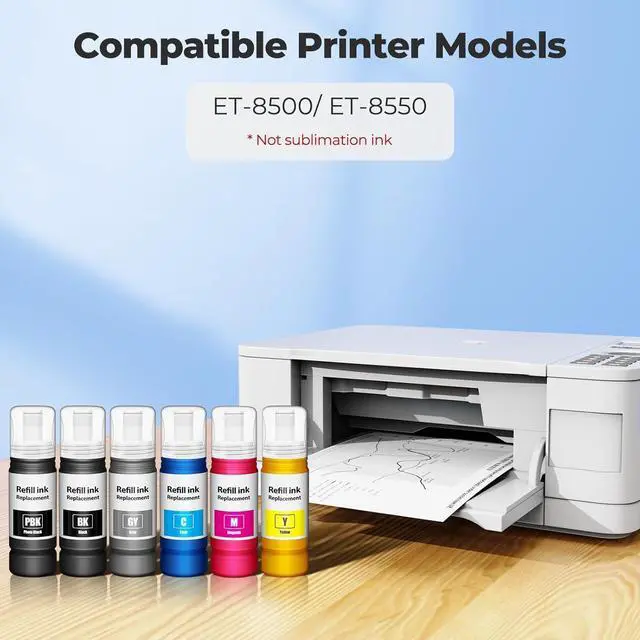 Alt view image 2 of 7 - Compatible for EPT552 Ink Bottles 6 Pack ET-8550 ET-8500 Replacement for EPT552 Ink Refill Bottle Work for Photo ET 8550 ET8550 Photo ET 8500 ET8500 8550 8500 Printers (BK PB C M Y GY)