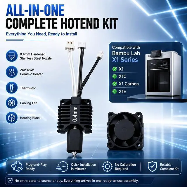 Alt view image 2 of 7 - 3D Printer Hotend Complete Kit Compatible with Bambu Lab X1, X1C Carbon, Plug-and-Play Replacement, Hardened Steel 0.4mm Nozzle, Ceramic Heater, Thermistor, Cooling Fan, Heating Block(0.4mm