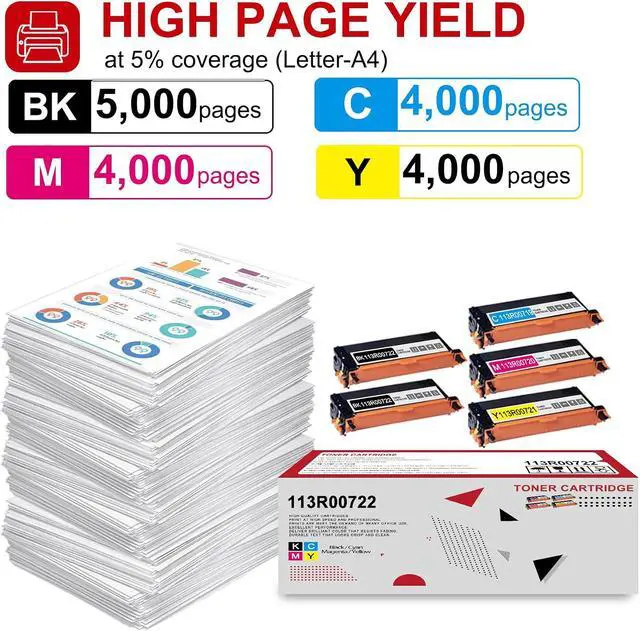 Alt view image 3 of 6 - 5 Pack 113R00722 113R00719 113R00720 113R00721 BK/C/M/Y Toner Cartridge: Compatible Replacement for Xerox Color Phaser 6180 6180N 6180DN 6180MFP-D 6180MFP-N Printer