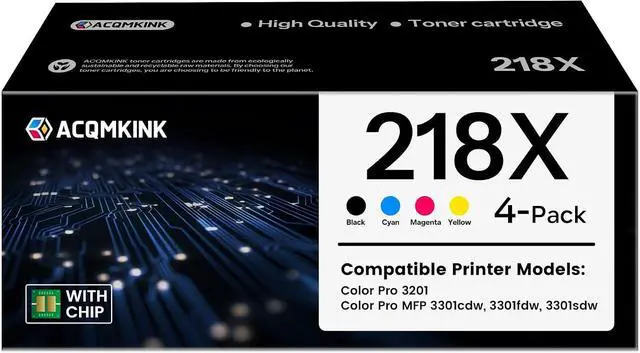 Main image of 218X Toner Cartridges 4 Pack with Chip Compatible for HP 218X W2180X W2181X W2182X W2183X Color Pro 3201dw MFP 3301 Series 3301sdw 3301fdw 3301cdw Printer Ink (Black/Cyan/Yellow/Magenta)