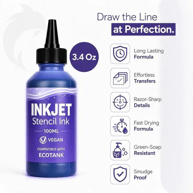 Alt view image 3 of 6 - Skin-Safe Tattoo Stencil Ink Refill for EcoTank Printer - Vegan, Clog-Free Transfer Inkjet Stencil Ink - Smudge-Proof Formula for High-Definition Crisp Stencils (100ml, Violet)