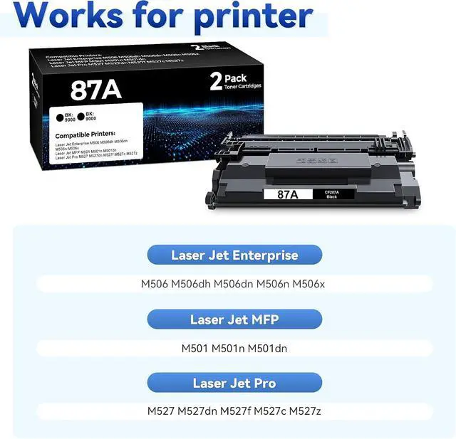 Alt view image 2 of 7 - 2-Pack CF287A 87A Black Toner Cartridge Compatible for HP Printer