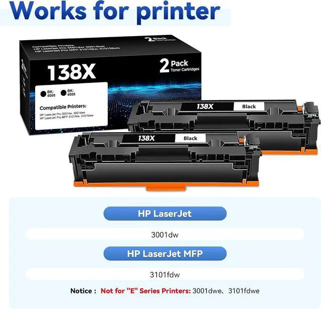 Alt view image 3 of 7 - 138X Black Toner Cartridge 2 Pack Replacement for HP 138X 138A W1380X Toner