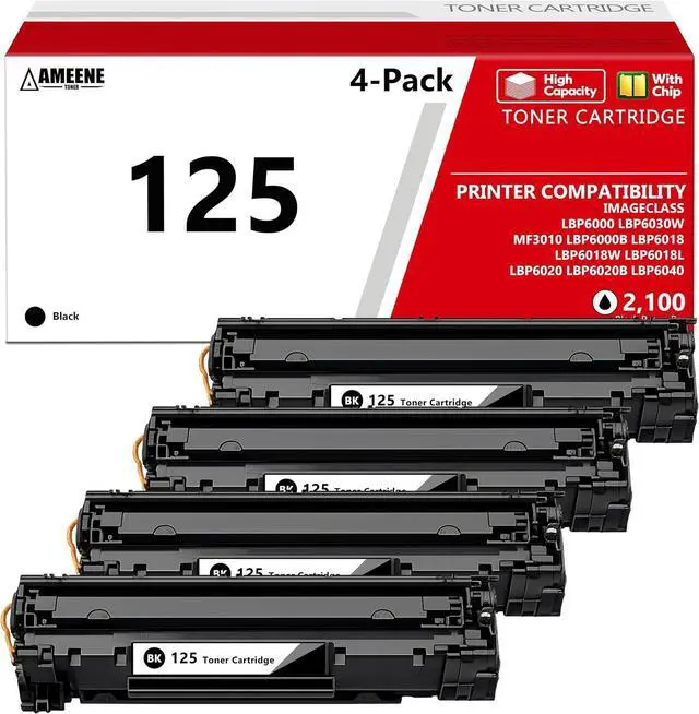Main image of 125 CRG125 Toner Cartridge (4-Pack, Black) High Yield 3484B001AA Toner Replacement for Canon 125 CRG-125 for imageCLASS LBP6030w LBP6000 MF3010 LBP6040 LBP6018W LBP6018L LBP6020 Printer