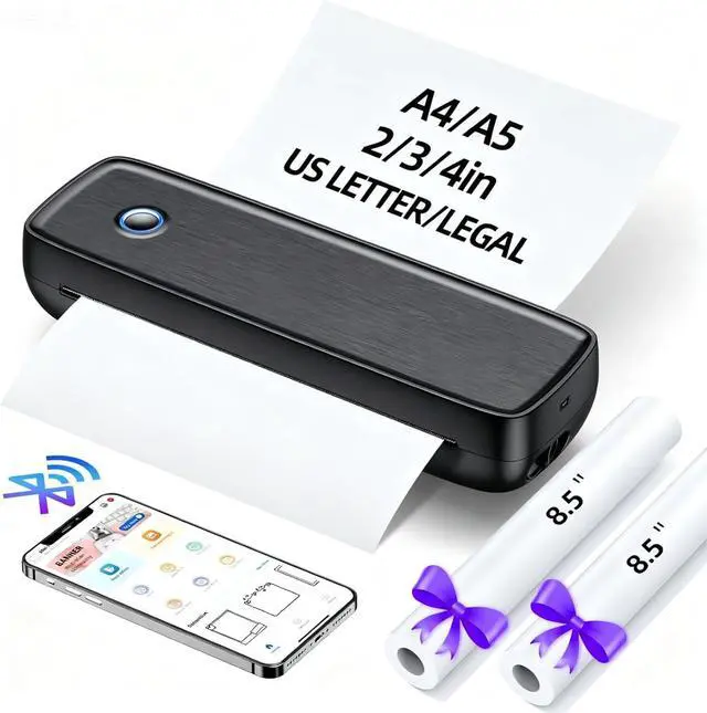 Main image of Portable Thermal Printer, Wireless & Bluetooth Mini Inkless Printer for Travel, Office, Home, Supports 8.5x11inch, Compatible with iPhone, Android, Laptop