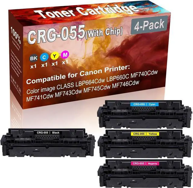 Main image of 4-Pack (BK+C+Y+M) Compatible MF741Cdw MF743Cdw MF745Cdw MF746Cdw LBP664Cdw Laser Toner Cartridge (High Capacity) Replacement for Canon CRG-055 (with Chip) Printer Toner Cartridge