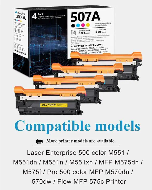 Alt view image 2 of 6 - 507A High Yield Toner Cartridge 4 pack Compatible CE400A CE401A CE402A CE403A Toner Replacement for HP 507A Enterprise 500 color M551dn M551n MFP M575dn M575f Pro 500 color MFP M570dn Printer