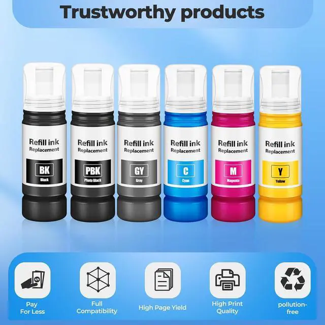 Alt view image 5 of 7 - Compatible for EPT552 Ink Refill Bottles 6-Pack ET-8550 ET-8500 Ink Refill Bottle Replacement for ET 8550 ET 8500 ET8550 ET8500 Printer (BK PB C M Y GY)