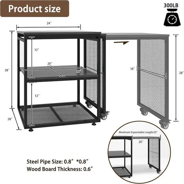 Alt view image 6 of 7 - Natwind 24''x20'' Large Printer Stand,Extendable Home Craft Table,Black