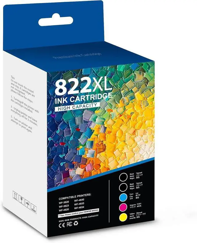Main image of 822XL High Capacity Ink Cartridge 5-Pack (2BK+1C+1M+1Y) Remanufactured Compatible Replacement for 822XL Black Cyan Magenta Yellow Ink for WF-3823 WF-3820 WF-4820 WF-4830 WF-4833 WF-4834 Printer