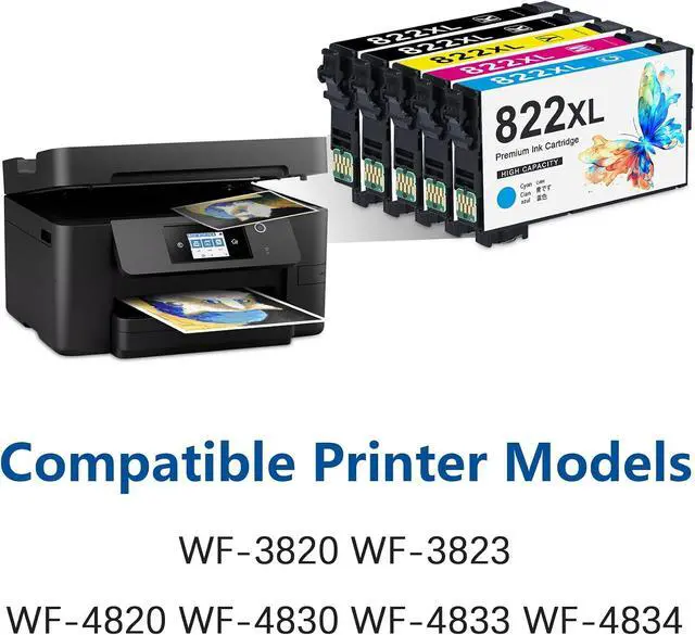 Alt view image 2 of 7 - 822XL High Capacity Ink Cartridge 5-Pack (2BK+1C+1M+1Y) Remanufactured Compatible Replacement for 822XL Black Cyan Magenta Yellow Ink for WF-3823 WF-3820 WF-4820 WF-4830 WF-4833 WF-4834 Printer