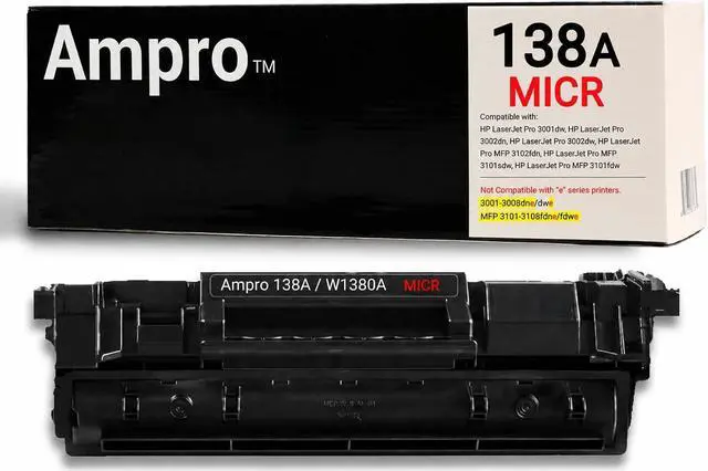 Main image of Ampro New Compatible 138A MICR / W1380A MICR Toner Cartridge for Check Printing for use in Laser Printer 3001dw, 3002dn, 3002dw, 3102fdn, 3101sdw, MFP 3101fdw. Yields 1500 Pages.