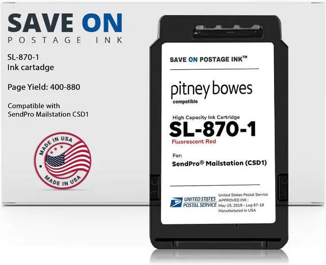 Main image of Compatible Pitney Bowes SL-870-1 Red Ink Cartridge Inkjet Printer Ink for SendPro Mailstation CSD1 Postage Meter Machine - PB Replacement Printer Cartridge w/OEM Compatibility