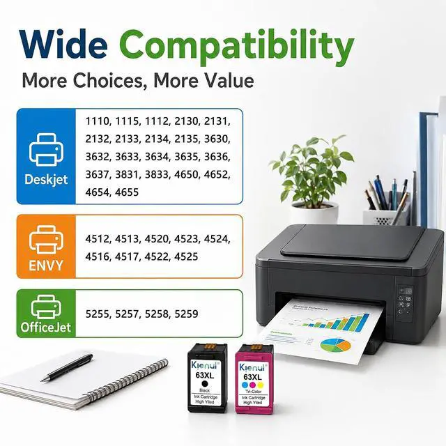 Alt view image 2 of 6 - 63XL Ink Cartridge Combo Pack, 2-Pack Black and Tri-Color Replacement for HP 63XL 63 Works with DeskJet 1110 2130 3630 3831 4650 Envy 4512 4520 4525 OfficeJet 5255 5258