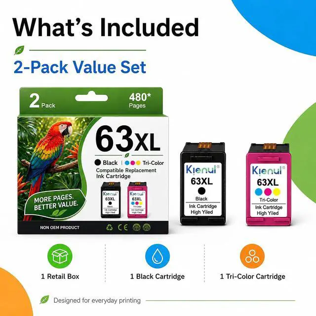 Alt view image 4 of 6 - 63XL Ink Cartridge Combo Pack, 2-Pack Black and Tri-Color Replacement for HP 63XL 63 Works with DeskJet 1110 2130 3630 3831 4650 Envy 4512 4520 4525 OfficeJet 5255 5258