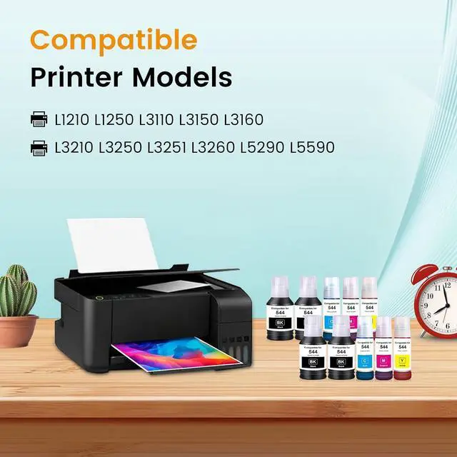 Alt view image 2 of 7 - T544 Ink Refill Bottles Compatible with EPS 544 Refill Ink T544120 T544220 T544320 T544420 for L1210 L1250 L3110 L3150 L3160 L3210 L3250 L3251 L3260 L5290 L5590 (4BK 2C 2M 2Y, 10 Pack)