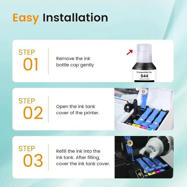 Alt view image 5 of 7 - T544 Ink Refill Bottles Compatible with EPS 544 Refill Ink T544120 T544220 T544320 T544420 for L1210 L1250 L3110 L3150 L3160 L3210 L3250 L3251 L3260 L5290 L5590 (4BK 2C 2M 2Y, 10 Pack)
