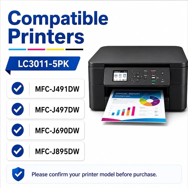 Alt view image 2 of 7 - LC3011 Ink Cartridge 5 Pack Replacement for Brother LC3011 LC-3011 Use with MFC-J491DW MFC-J497DW MFC-J895DW MFC-J690DW (2 Black, 1 Cyan, 1 Magenta, 1 Yellow)