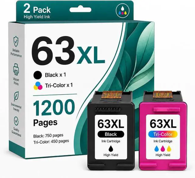 Main image of 63XL Ink Cartridges Combo Pack Replacement for HP 63XL 63 Ink, 2-Pack High Yield Black and Tri-Color, Compatible with DeskJet 1112 2130 3630 3632, ENVY 4512 4520, OfficeJet 3830 4650 5255 Printer