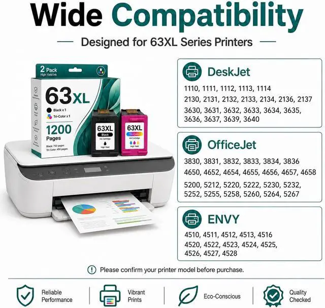 Alt view image 2 of 7 - 63XL Ink Cartridges Combo Pack Replacement for HP 63XL 63 Ink, 2-Pack High Yield Black and Tri-Color, Compatible with DeskJet 1112 2130 3630 3632, ENVY 4512 4520, OfficeJet 3830 4650 5255 Printer