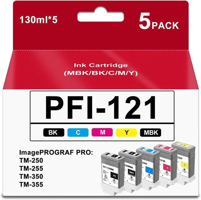 Main image of High Yield PFI 121 PFI-121 Ink Cartridge Replacement for PFI-120MBK PFI-120BK PFI-120C PFI-121M PFI-120Y Compatible with Canon imagePROGRAF TM-250 TM-255 TM-350 TM-355 Printer Ink Tank, with New Chip