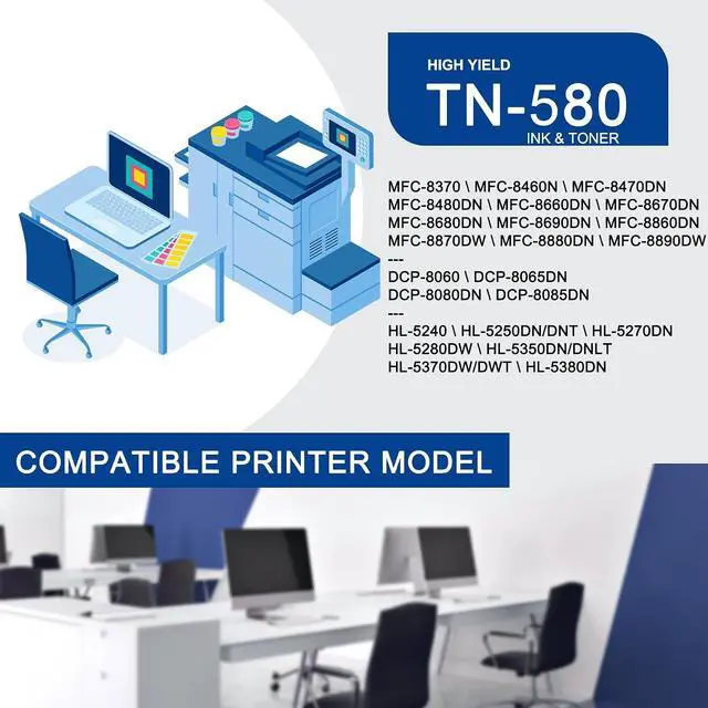 Alt view image 2 of 7 - 1 Pack TN580 TN-580 Black Toner Cartridge Compatible TN580 Replacement for Brother HL-5240 5250DN/DNT 5270DN 5280DW MFC-8370 8460N 8470DN 8480DN 8660DN 8670DN 8690DN 8860DN DCP-8060 8065DN Printe
