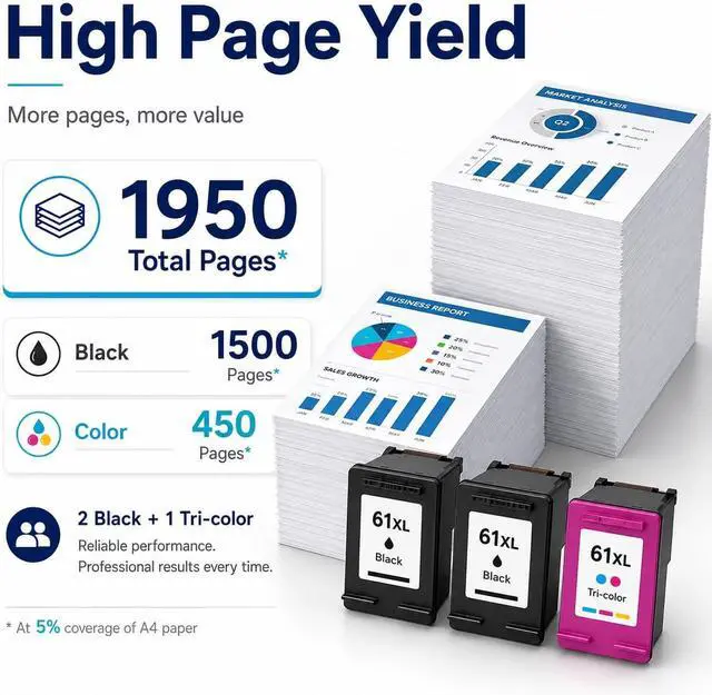 Alt view image 2 of 7 - 61XL 2Black and Color Ink Cartridges Combo Pack, 3 Pack