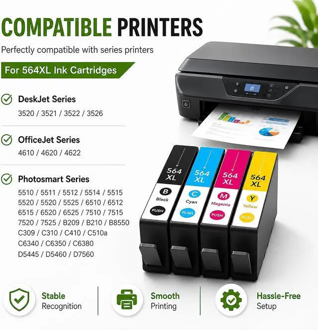 Alt view image 2 of 6 - 564XL High Yield Ink Cartridge Replacement for HP 564XL Use with Deskjet 3520 3522 Officejet 4610 4620 Photosmart 5510 6510 7510 B209 B8550 C510a C6380 D5445 D7560 Series Printer (BK/C/M/Y, 4 Pack)
