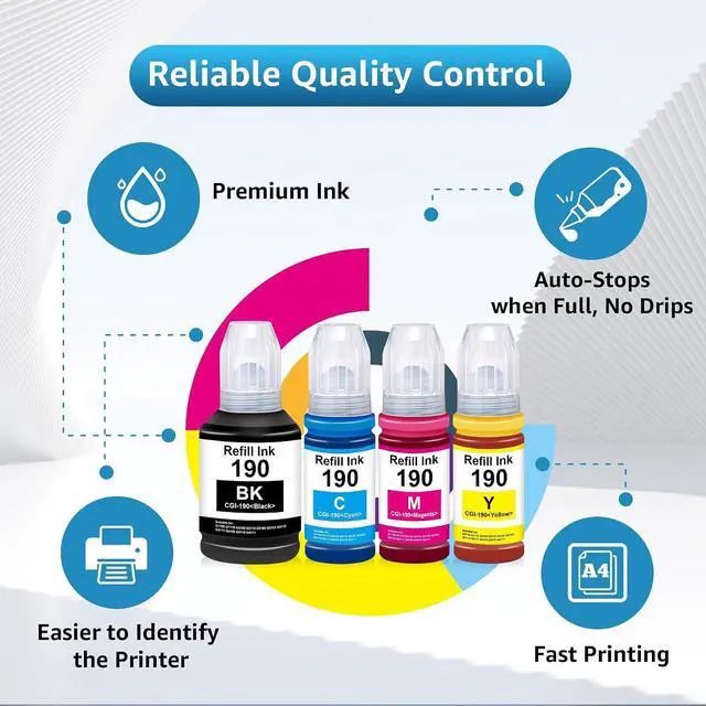 Alt view image 3 of 7 - GI190 Refill Ink Bottle Replacement for GI-190 GI-190BK GI-190C GI-190M GI-190Y Bottle Ink for G1100 G1110 G2100 G2110 G3100 G3102 G3110 G3111 G4100 G4110 G4111 (4 Pack, BK/C/M/Y)