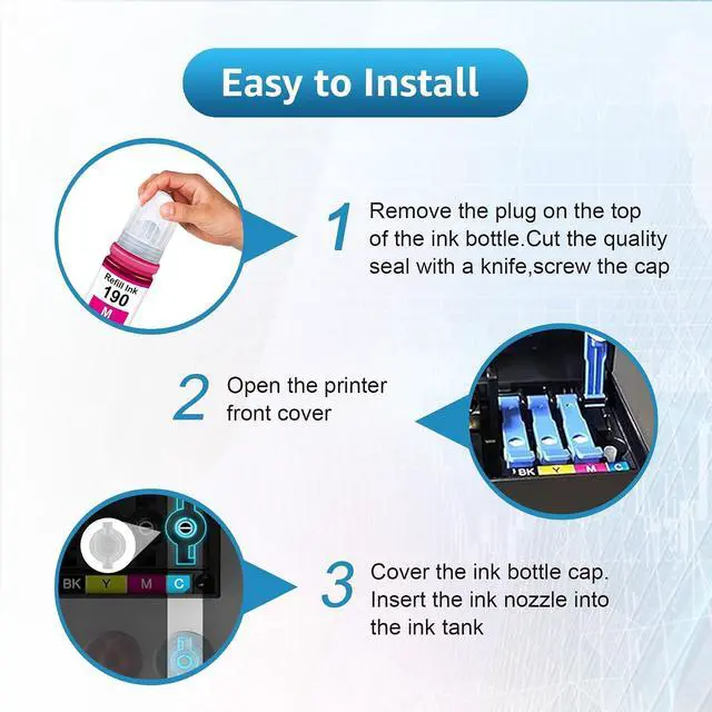 Alt view image 5 of 7 - GI190 Refill Ink Bottle Replacement for GI-190 GI-190BK GI-190C GI-190M GI-190Y Bottle Ink for G1100 G1110 G2100 G2110 G3100 G3102 G3110 G3111 G4100 G4110 G4111 (4 Pack, BK/C/M/Y)