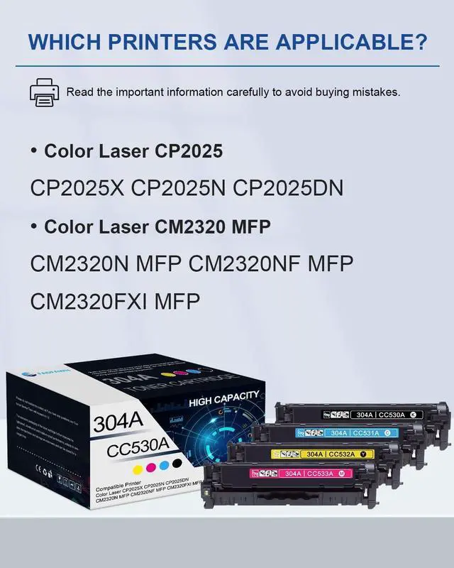Alt view image 2 of 6 - 304A Toner Cartridge 4 Pack: Compatible CC530A CC531A CC532A CC533A Toner Cartridges Replacement for HP 304A Color CP2025X CP2025N CP2025DN CM2320N MFP CM2320NF MFP Printers(1BK/1C/1M/1Y)