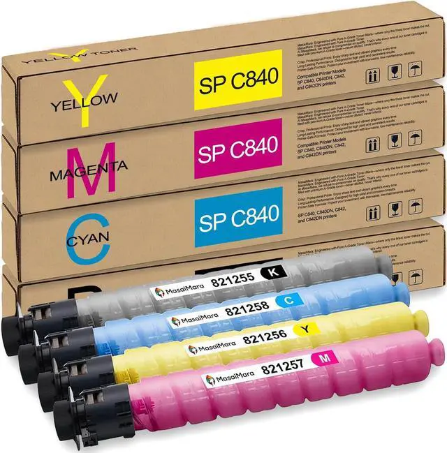 Main image of MasaiMara SP C840 Compatible Toner Cartridges Replacement for Ricoh SP C840 C840DN C842 C842DN Printers (Black 821255, Cyan 821258, Yellow 821256, Magenta 821257, 4-Pack)