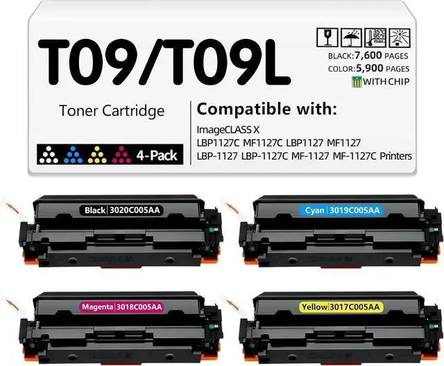 Main image of T09 T09L 3020C005AA 3019C005AA 3017C005AA 3018C005AA High Capacity Remanufactured Toner Cartridge Replacement for Canon imageCLASS LBP1127C MF1127C C1127iF C1127i C1127iF Printer (4 Pack 1BK/1C/1M/1Y)