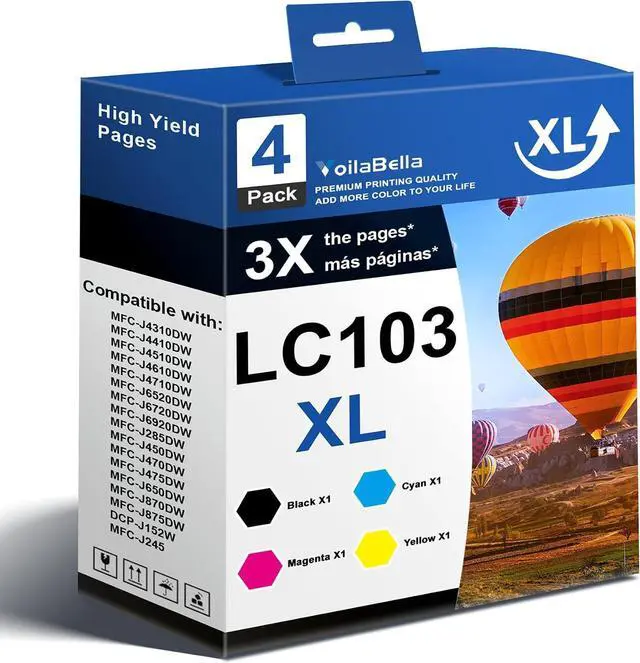 Main image of LC103XL LC103 Ink Cartridges Set (4-Pack) High Yield Replacement for Brother LC103XL LC103 Ink Work for DCP-J152W MFC-J285DW MFC-J4410DW MFC-J450DW MFC-J4510DW Printer (1Black 1Cyan 1Magenta 1Yellow)