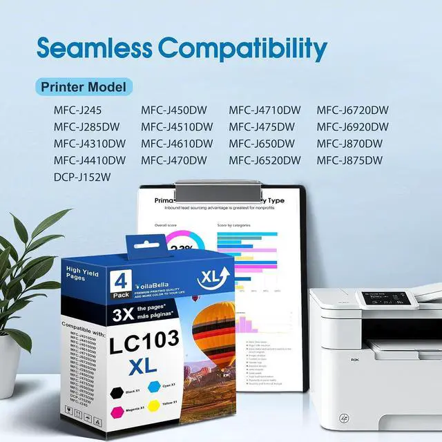 Alt view image 2 of 7 - LC103XL LC103 Ink Cartridges Set (4-Pack) High Yield Replacement for Brother LC103XL LC103 Ink Work for DCP-J152W MFC-J285DW MFC-J4410DW MFC-J450DW MFC-J4510DW Printer (1Black 1Cyan 1Magenta 1Yellow)