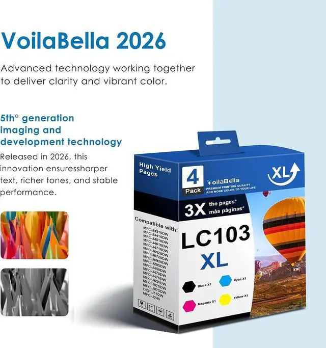 Alt view image 5 of 7 - LC103XL LC103 Ink Cartridges Set (4-Pack) High Yield Replacement for Brother LC103XL LC103 Ink Work for DCP-J152W MFC-J285DW MFC-J4410DW MFC-J450DW MFC-J4510DW Printer (1Black 1Cyan 1Magenta 1Yellow)