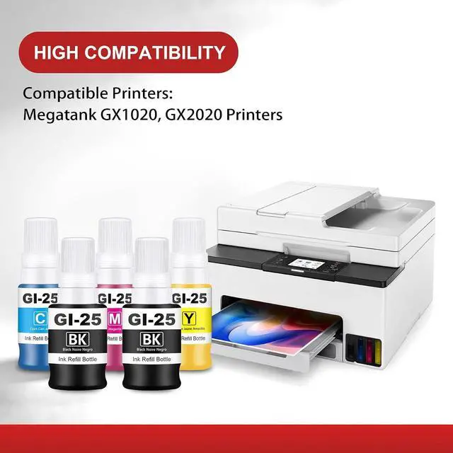 Alt view image 2 of 6 - GI-25 Ink Refill Bottles 5-Pack GI25 Black Cyan Magenta Yellow Compatible