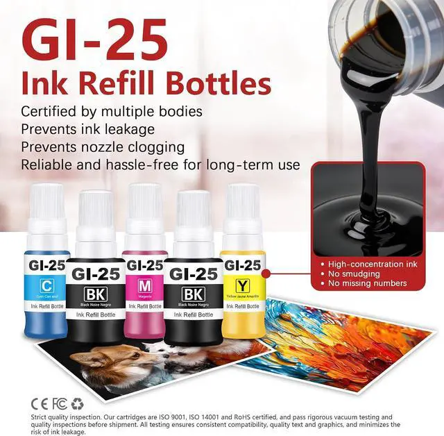 Alt view image 5 of 6 - GI-25 Ink Refill Bottles 5-Pack GI25 Black Cyan Magenta Yellow Compatible