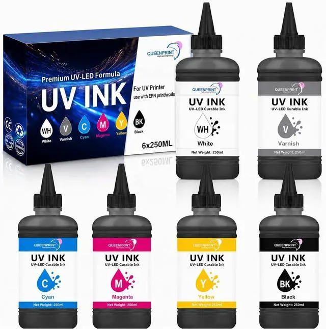 Main image of 250ML Hard UV Ink 6-Pack Rigid Type Ultraviolet UV Ink for Hard Surface Materials with XP600 TX800 i3200 DX5 DX6 DX7 i1600 L805 1390 DX10 Printhead and Printers (BK C M Y W+V)